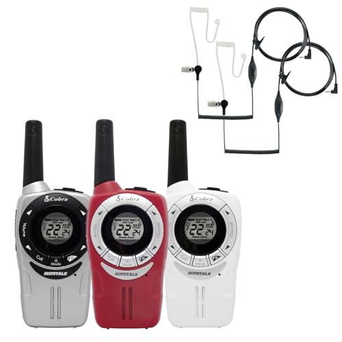 Image of Cobra ACXT360 Water Resistant Walkie Talkies for Adults & Compatible Cobra Surveillance Headset: Rechargeable, 22 Channels, Long-Range, 3 Two-Way Radios, 2 Headsets, White, Silver and Red