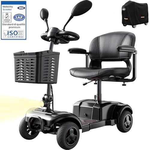 VOCIC D42 Scooter elettrico per disabili pieghevole 135KG,20KM Mobilità scooter adulti stabil con sella,Per tutti i terreni con telone e cestino,3S Piegatura rapida,5 anni supporto(Nero)