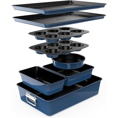 NutriChef 8-Piece Nonstick Stackable Bakeware Set – PFOA, PFOS, PTFE Free Baking Tray Set w/Non-Stick Coating, 450°F Oven Safe, Round Cake, Loaf, Muffin, Wide/Square Pans, Cookie Sheet (Blue)