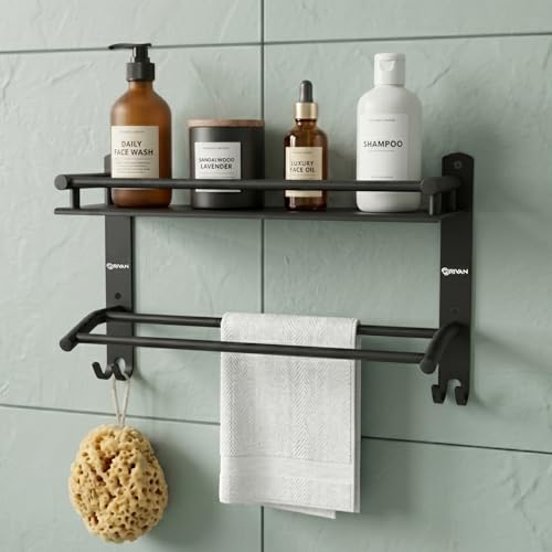 Image of GRIVAN Stainless Steel Bathroom Shelf Rack Stand with Dual Towel Rod | Multipurpose Bathroom Accessories Set (Black Matte)