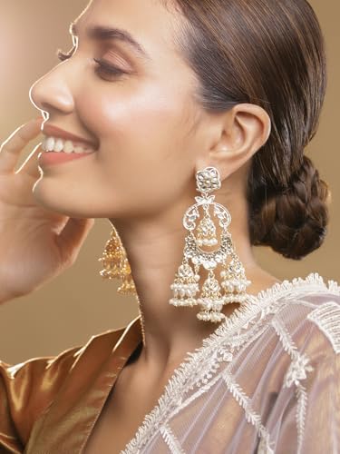 Image of Rubans Long Dangler Earrings Kundan & Pearl Ethnic Jewellery Gift for Women & Girls
