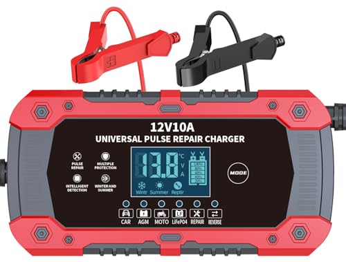 Car Battery Charger 12V 10A, 3-Stage, LCD, Pulse Repair