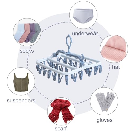 Sockentrockner mit 32 Klammern, Faltbarer Hängetrockner aus Kunststoff, Winddichter Wäscheständer für Socken, Unterwäsche, Handtücher & Babykleidung – Platzsparender Trockenbügel in Blau