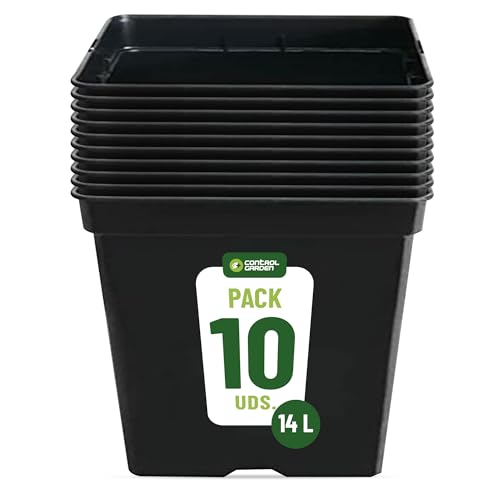 GROWMANIA Lot de 10 pots carrés noirs pour plantes 14 l - dix pots en plastique pour fleurs 28 x...