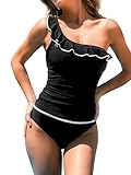 CUPSHE Women's Tankini Sets One Shoulder Neck Asymmetrical Ruffles Two Piece Swimsuit Adjustable Straps Swimwear, M Black