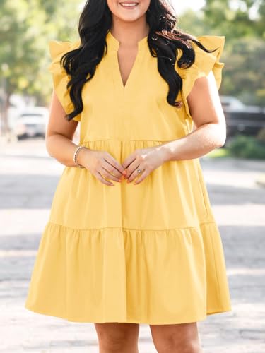 Image of Fisoew Plus Size Dresses for Women Summer Ruffle Short Sleeve V Neck Dress Tiered Swing A Line Babydoll Mini Dress