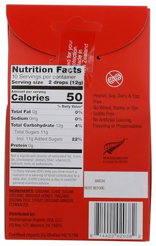 Image of Wedderspoon Organic Manuka Honey Drops, Ginger & Echinacea, 20 Count | USDA Organic | Genuine New Zealand Honey, Natural Remedy for Dry Throat