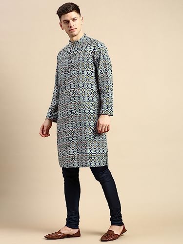 Image of Men's Black Art Silk Regular Fit Ethnic Motifs Kurta | Indian Kurta | Festive Ethnic Kurta with Embroidered Packet