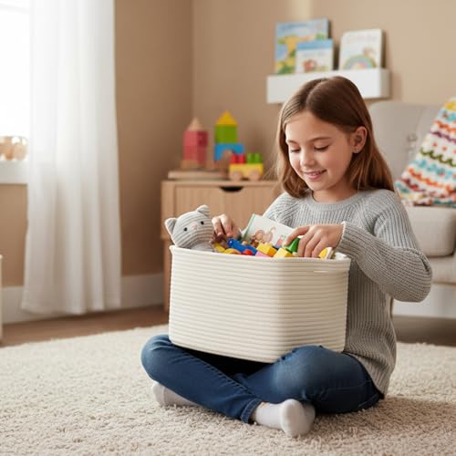 Cotton Rope Storage Basket 15"x10"x9" – Fabric Storage Bins for Organizing Clothes,Toys,Blankets – Durable Woven Storage Basket for Closet, Shelf & Living Room - Image 6