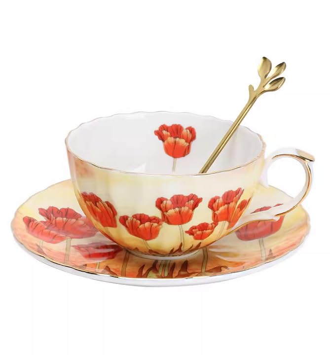Handgefertigtes Kaffeetassen- und Untertassen-Set aus Keramik mit roten Mohnblumen Keramik Kaffee-/Teetasse und Untertasse Teller Hafermilchbecher Hochzeitsgeschenk