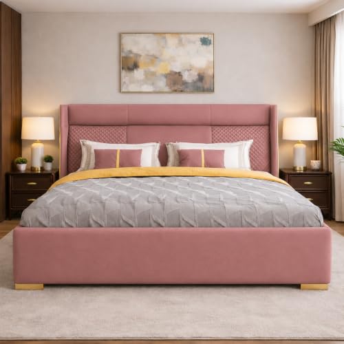 Image of Royal Modern Upholstered Queen Size Bed with Hydraulic Storage for Bedroom | Wooden Double Beds for Home & Hotels | Platform Cot Bed with Upholstery Fabric, 6.5 x 5 Ft | Sheesham, Onion Pink