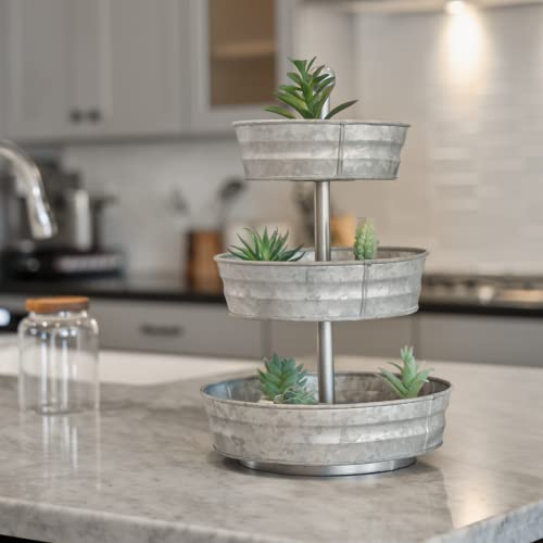 Wallcharmers 3 Tier Galvanized Round Metal Tray, Three Tiered Serving Tray For Farmhouse Or Cottage Theme Decor, 18 Inches, Size, #TOP1
