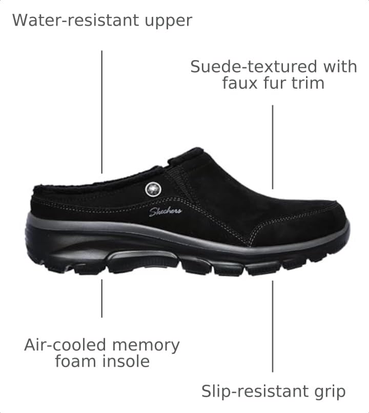 Image of Skechers Women's Clogs - Relaxed Fit: Easy Going - Latte-Twin Gore Open Back Suede Fur Slip-On Clogs with Air Cooled Insole