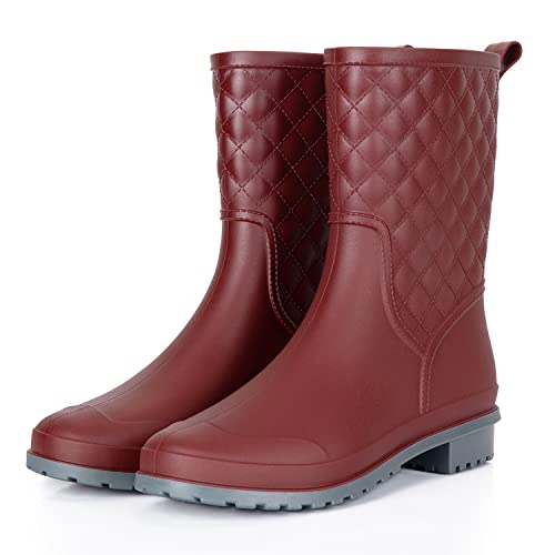 Petrass Women Rain Boots Black Waterproof Mid Calf Lightweight Cute Booties Fashion Out Work Comfortable Garden Shoes,Red 7