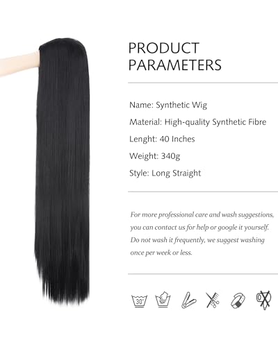 Image of Rose bud Wednesday Morticia Wig Black for Anime Costume Halloween Cosplay Party 40 Inch Long Straight Cosplay Black Wig for Women