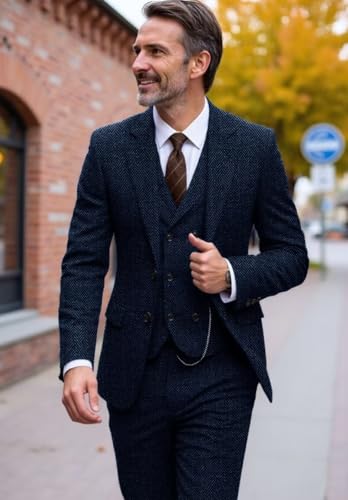 Men's Herringbone 3-Piece Suit Double-Breasted Business Casual Tuxedos Tweed Suit for Wedding4