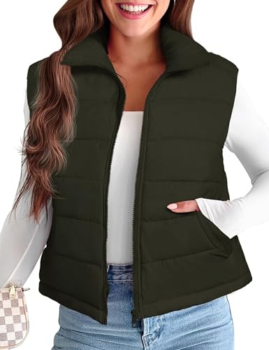 Nitzana Women's Puffer Vest Detachable Hooded Stand Collar Puffy Quilted Vests Outerwear With Pockets Fall Winter Vest for Women Trendy 2025 Zip Up Sleeveless Ladies Padded Gilet Outfits Army Green S