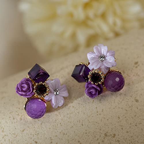 Abalone Ear Clip Earrings Women's Gold Retro Lightweight Crystal Fashion Temperament Acrylic Girl Purple Flower Ear Clip #TOP3