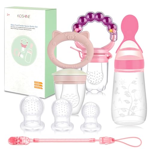 Fruchtsauger Baby Feeder Obst Fütterung Babynahrung Rassel Schnuller Silikon Flasche Löffel für Kleinkinder (Rosa Neu)