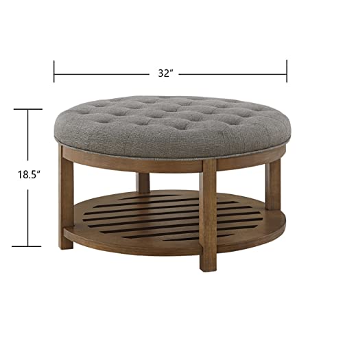 24Kf Large Round Upholstered Tufted Linen Ottoman Coffee Table, Large Footrest Ottoman With Wood Shelf Storage-Granite #TOP1