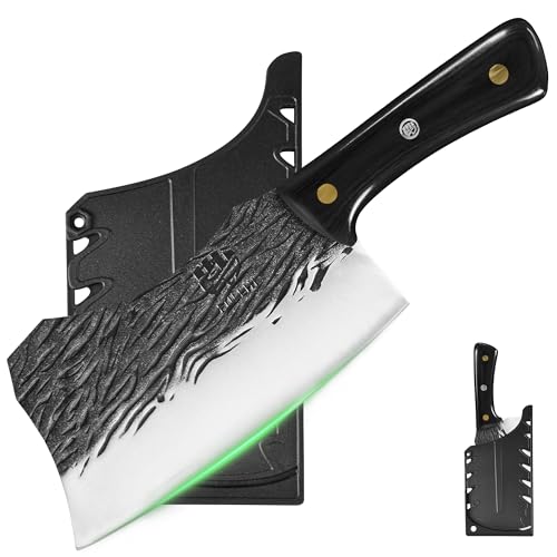 FULLHI Meat Cleaver bbq Cuchillo de Chef con Fundas de Acero al Carbono para Cortar Carne Set de Cuchillos de Cocina para Regalos Idea Hombres mujeres (Negro, 19,5cm)