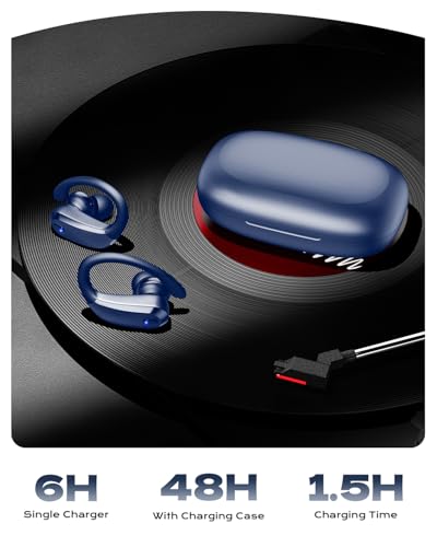 Image of Wireless Earbuds Bluetooth 5.3 Sport Headphones with Earhooks,IPX7 Waterproof Earphones,48H Playtime Earbuds,Lightweight 7.8g,Noise Cancelling Mic Bluetooth Headphones for Running & Workout (Navy)
