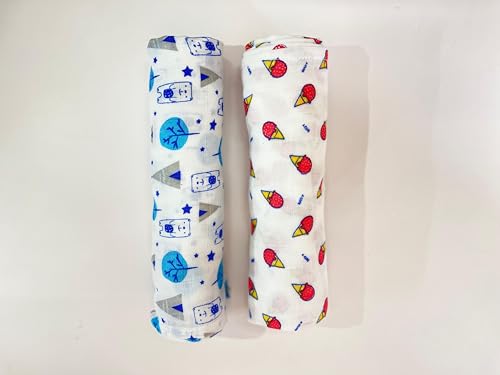 Image of Swaddle for Babies -100% Muslin Cotton Soft Swaddle /Blanket /Multipurpose Wrap for New Born Baby Girl & Boy | Perfect for Gifting | 100x100 cm | 0-6 Months, Set of 2, (Bear & Ice-Cream Print)