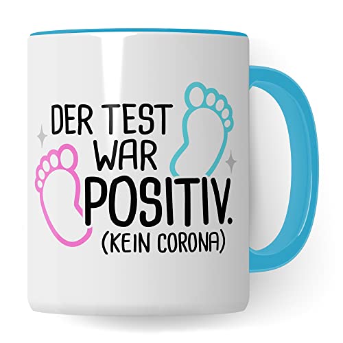 Schwangerschaft Tasse, Der Test war positiv, werdende Mama Geschenk Schwanger Freundin Papa Vater Geschenke für Opa Opa Schwester Bruder schöner Spruch Kaffee-Becher (Weiß/Blau)