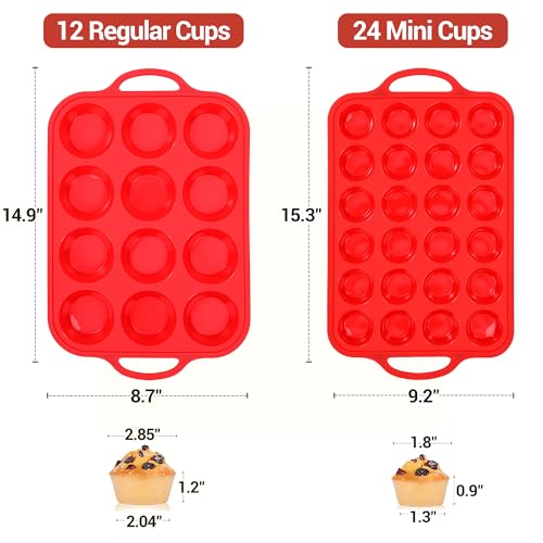 Image of CAKETIME Silicone Muffin Pans for Baking, Metal Reinforced Frame Regular 12 Cups & Mini 24 Cups Cupcake Pan Set Nonstick Muffin Pan for Homemade Baking Easy to Handle