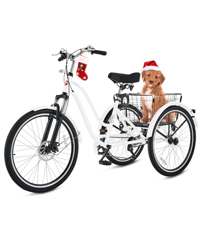 VIRIBUS Tricycle for Adults,7 Speed Adult Tricycle with Front Suspension and Removable Wheeled Rear Basket, 3 Wheel Bike for Adults for Seniors Women Men, Three Wheel Bicycle, 400 lb. 26 inch White