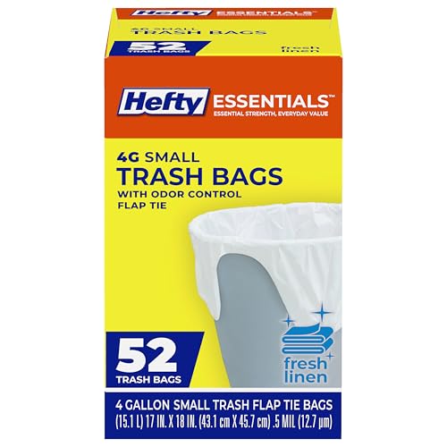 Hefty Essentials Flap Tie 4 Gallon Trash Bags 52 Count Small Scented Trash Bags for Bathrooms Bedrooms Dorm Rooms Home Offices and More Fresh Linen Scent White