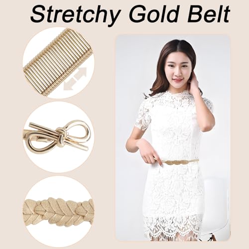 5 PCS Metal Skinny Belt Women, Stretch Gold Belts for Women , Elastic Gold Waist Chain Belts with Metal Buckle for Women Fancy Fashion, Cinch Belt for Dress, Sweater and Shirt(Gold, 70cm / 27.5inch)3