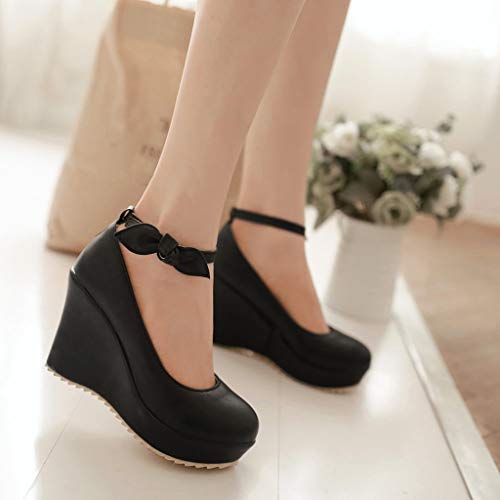 MIOKE Women's Fashion Wedge High Heel Mary Jane Pumps Round Toe Bowtie Ankle Strap Dress Wedding Shoes4