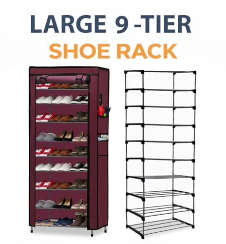 Image of Metal Shoe Stand with Cover, 9 Tier Shoe Organiser for Home & Office - Maroon