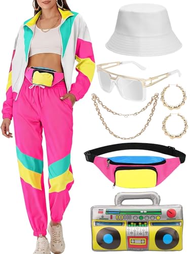 VillbeCoser Womens 80s 90s Outfits Tracksuit Costume Accessories Set Color Block Windbreaker Jacket(WhitePink L)