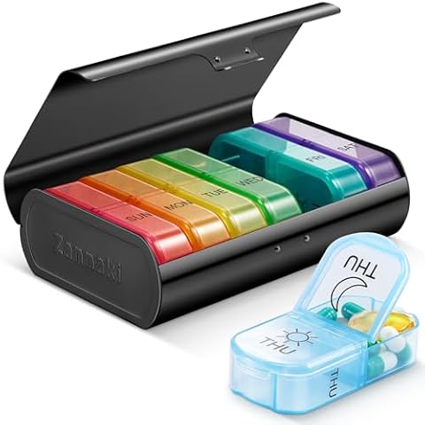 Zannaki Metal XL Weekly Pill Organizer 2 Times a Day, Large Travel Daily Pill Box 7 Day, Portable Week Twice Pill Holder Container, AM PM Pill Case for Medicine Vitamin Medication Supplement, Black Cover
