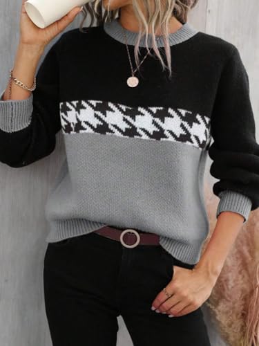 Image of chouyatou Women's Vintage Color Block Long Sleeve Pullover Sweater Houndstooth Printed Crewneck Jumper Tops