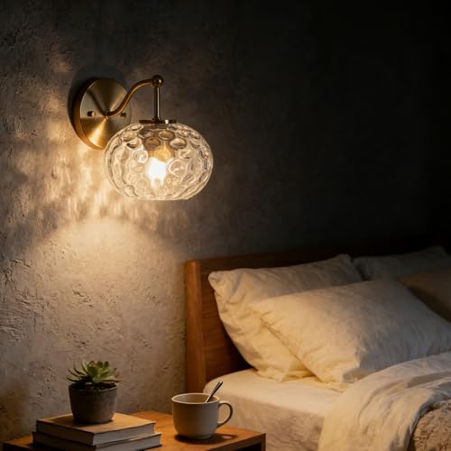 Image of Gold Wall Sconce Light Clear Hammered Glass Vanity Lighting Brushed Brass Wall Lamp for Bathroom Over Mirror