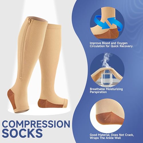 Image of bropite Zipper Compression Socks Women & Men - 2Pairs Calf Knee High 15-20mmHg Open Toe Compression Stocking suit for Walking