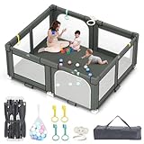 Tolead Foldable Playpen for Babies and Toddlers, 72' x 59' Extra Large Collapsible Play Pen with Basket, 4 Handlers & 50 Ocean Balls, Portable Travel Play Yard with Carry Bag, No Installation, Grey