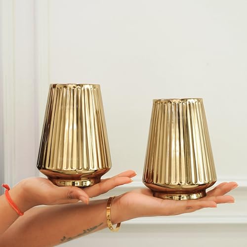 Image of BEHOMA Metal Fluted Column Flower Vase Set, Golden - Set of 2 | Modern Metal flower vase in Gold - for fresh or artificial flower displays for living room - great wedding gift
