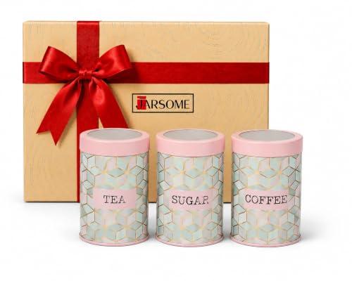 Image of Maroc Collection Airtight Kitchen Container|Set of 3-850ML| Pink Pastel| Food Grade Metal Storage Jars for Tea, Coffee & Sugar Vacuum Sealed, Moist- Proof Canisters for Freshness