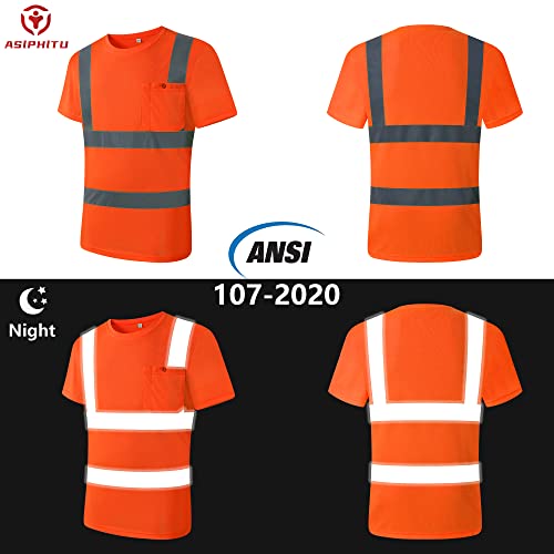 Image of High Visibility Reflective Safety Shirts for Men Women Hi Vis Viz Protective Safety Workwear T Shirt with Pockets for Construction Meet ANSI Class 2(ST190-Orange-M)