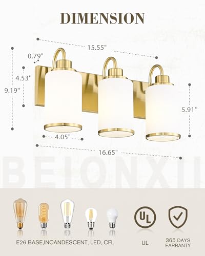 Image of Beionxii Bathroom Vanity Light, 3 Light Gold Bathroom Light Fixtures, Vanity Lights with Milk Glass Shade, Modern Vanity Lighting Fixtures Over Mirror Living Room Hallway, BX-VL01BG-3