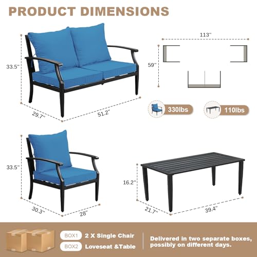 Image of 4-Piece Patio Furniture Set, Wider Outdoor Metal Seating Sofa with High Back & Loveseat, Coffee Table, All Weather Metal Conversation Set for Backyard, Poolside, Deck-Peacock