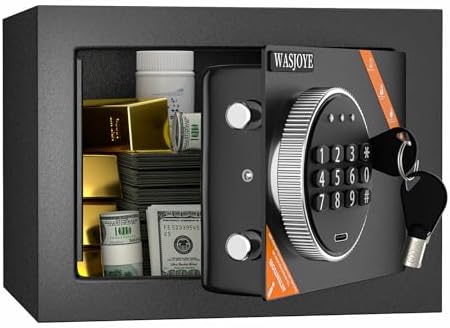 WASJOYE Mini Safe - Safe Box for Children with Digital Keypad and Security Key Lock - Small Safe for Home, Business, Offices, Money, Jewelry, Passport...