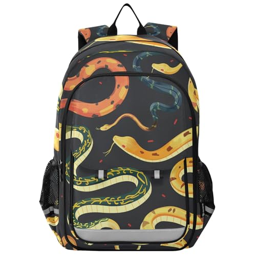 Cartoon Snake Animals Black Backpack School Backpack with Reflective Stripes, Lightweight Laptop Backpack Students Book Bag