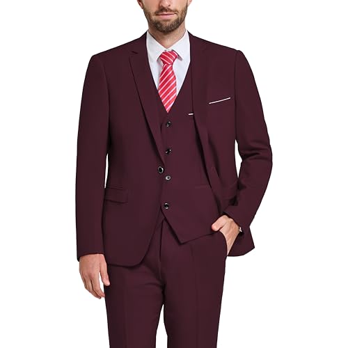 Hihawk Costume 3 pièces pour Homme avec Tissu Extensible, Coupe ajustée, Ensemble Blazer à Un Bouton, Veste, Gilet et Pantalon avec Cravate, Bordeaux,...