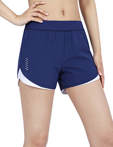 DISHANG Women's Scallop Hem Shorts Quick Dry Athletic Shorts with Side Pockets (Navy Blue, M)