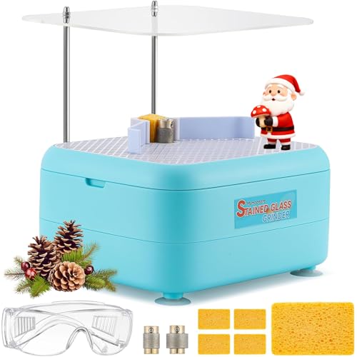 Mxmoonant UK Plug Stained Glass Grinder, Suitable for Stained Glass DIY, Mosaics, Ceramics and Crafts, with 2 Diamond Grinder Bits & Baffle (Light Blue)